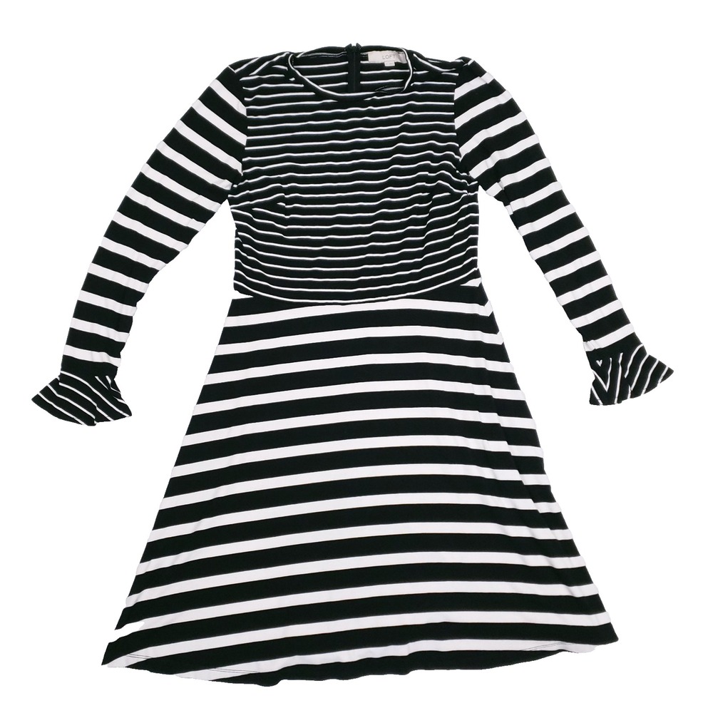 LOFT Fit And Flare Dress Sz 6‎ Black White Striped Mod Parisian Chic French Girl